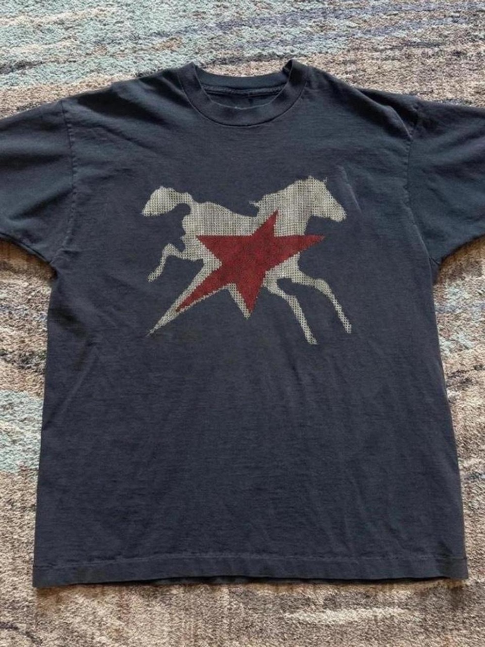 Gildan Black Tee with Red Star and Gray Horse Graphic